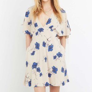 Free People Tan Dress with Blue Flowers with pockets!